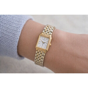 Women's Seiko Tank Watch Gold Tone Matching Band Japan Quartz Movement